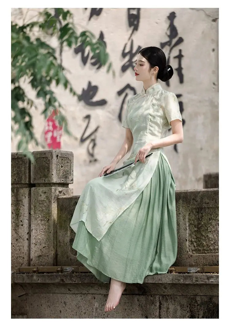 Retro Chinese Style Short Sleeve Qipao Two-piece Set Women New Chinese Style Green Improved Cheongsam Summer Long Dresses - Seprincess