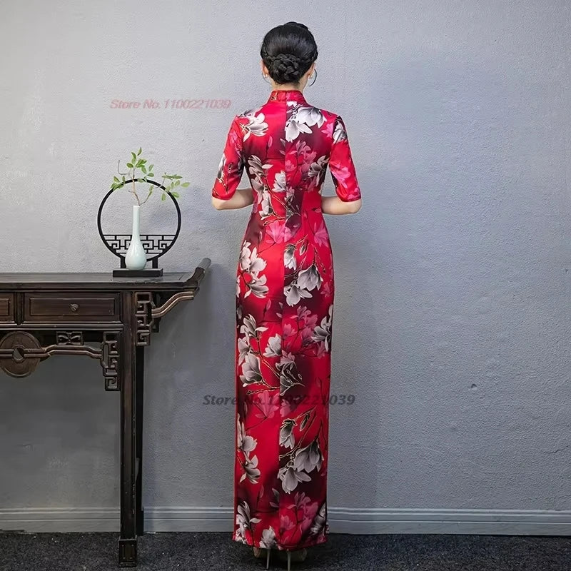 2024 chinese improved qipao vintage stage dress cheongsam national flower print formal qipao oriental banquet evening dress - Seprincess