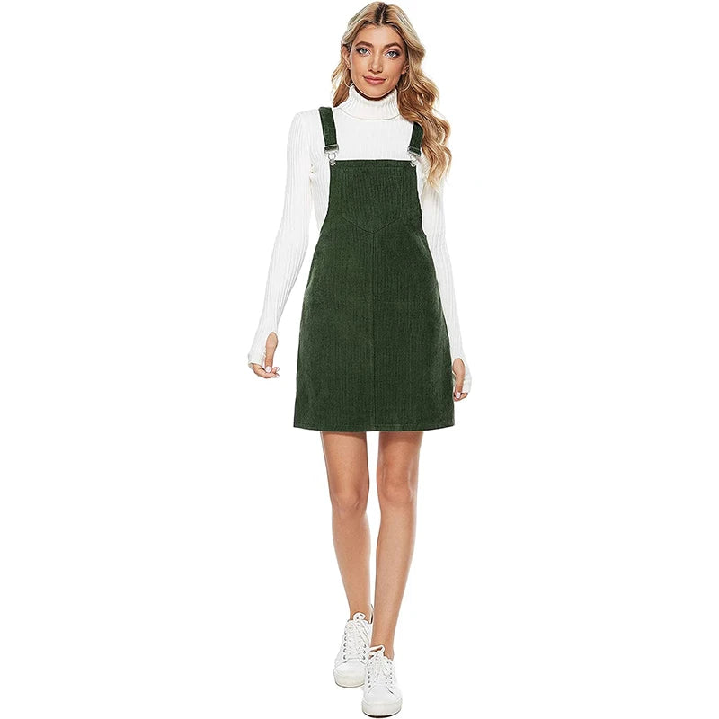 Corduroy Dresses Womens Solid Loose Sleeveless Strap Dress With Adjustable Big Pocket Ladies Fashion Suspender Dress Autumn