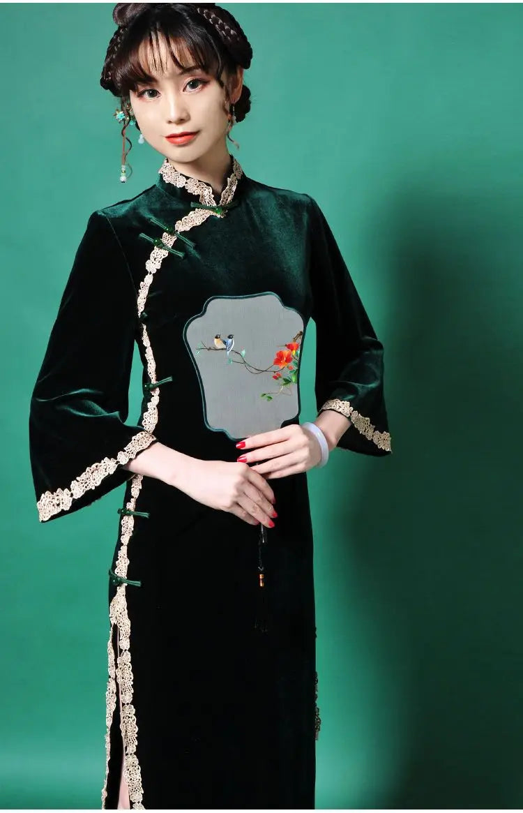 Cheongsam Chinese Traditional Dress Solud Color New Autumn Winter Long Temperament Flare Sleeve Velvet Improved Green Qipao 2024 - Seprincess