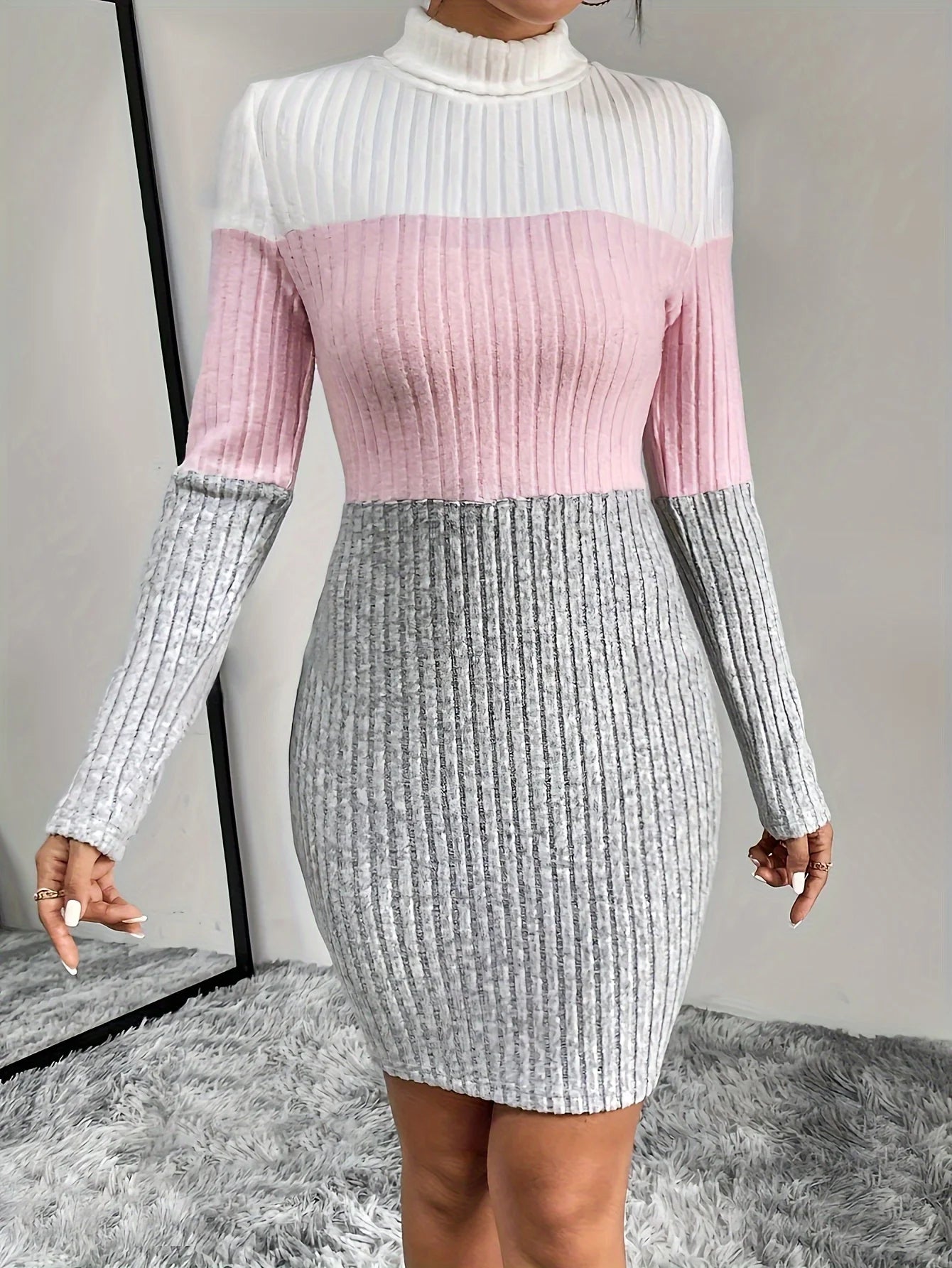 High-neck ribbed long-sleeved sweater women's dress, soft and comfortable warm breathable knitted sexy casual wear - Seprincess