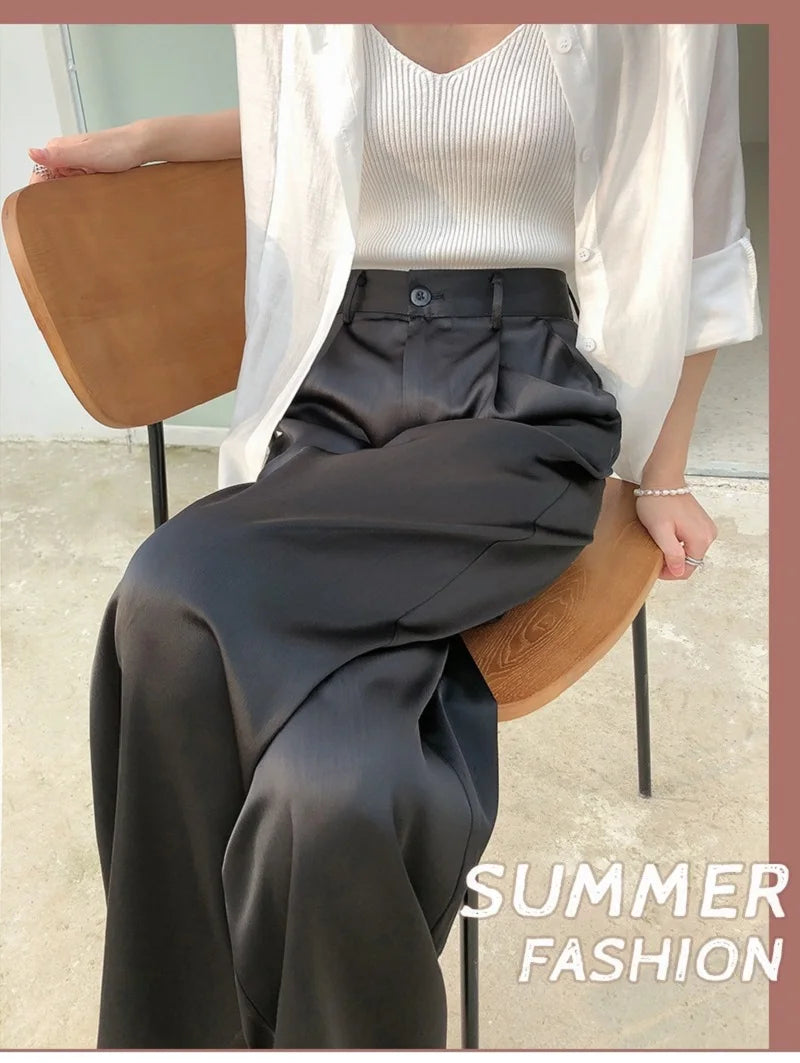 Summer Silk Satin Wide Leg Pants Thin Women Spring Office Straight Suit Trousers Classic Baggy Elegant High Waist Straight Pants