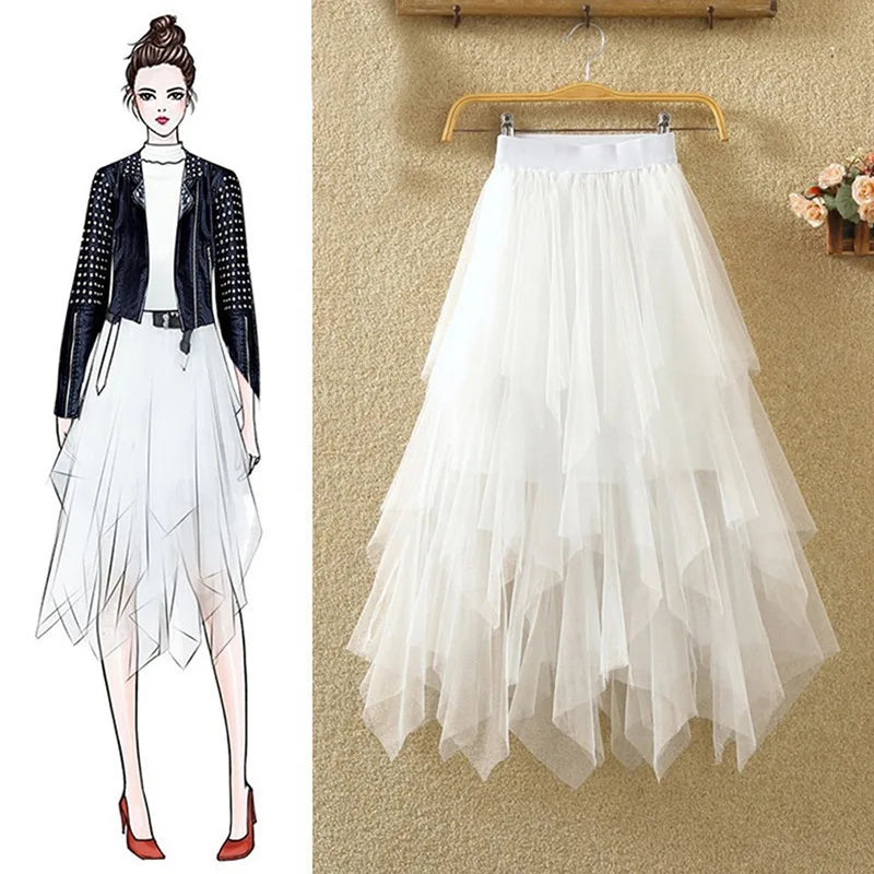 Women's Tulle Skirt Formal High Low Asymmetrical Midi Length Elastic Waist Tutu Layered Puffy Fairy Ball Gown Skirts Streetwear - Seprincess