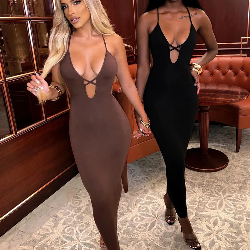 Sexy Deep V Low-cut Cross Bandage Long Maxi Dress Women Sleeveless Backless Skinny Bodycon Dress Elegant Club Party Vestidos - Seprincess