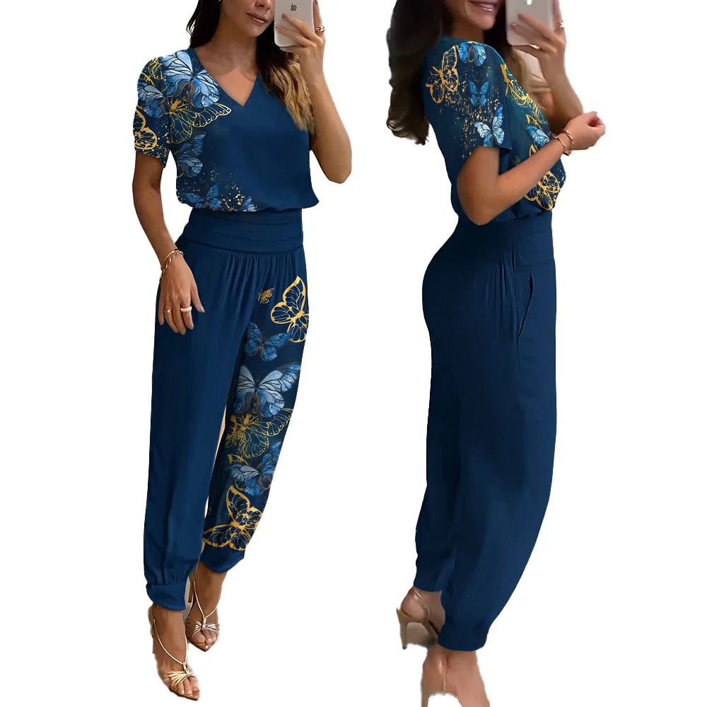 Women's Set 2024 New Fashion And Casual V-neck Printed Short Sleeved Shirt Pants Set Two Piece Set Ladies Outfits Femme Conjunto - Seprincess