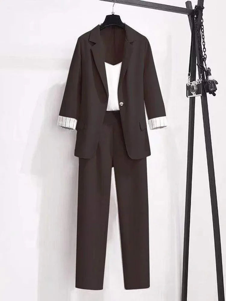 2023 spring new plus size Korean elegant women's suit female blazer leisure pants Tweed suit jacket three piece jacket pants set - Seprincess