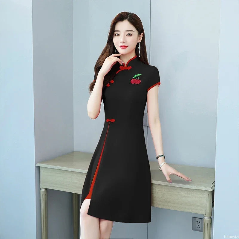 Chinese Style Summer Improved Cheongsam Slim Midi Short Sleeve Modern Qipao Dress Women Clothing CNY - Seprincess