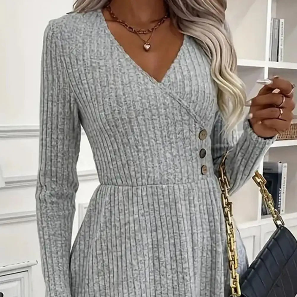 Autumn Winter Sweater Dress V Neck A-line Knitted Dress Long Sleeves Big Hem Midi Dress - Seprincess