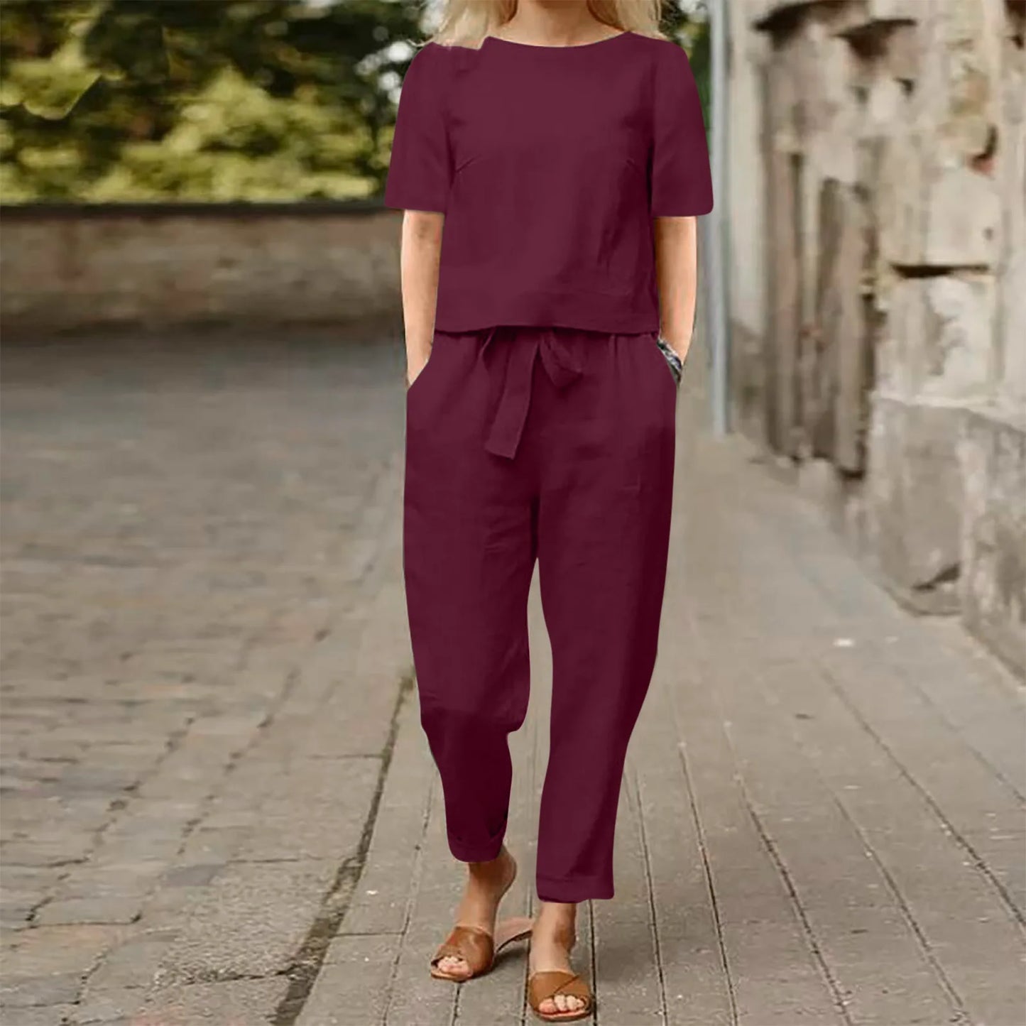 Women's Pullover Shirt And Pants Two-piece Set 2024 Women's Cotton And Linen Summer Suit Short Sleeved O-neck Outfit Pants - Seprincess