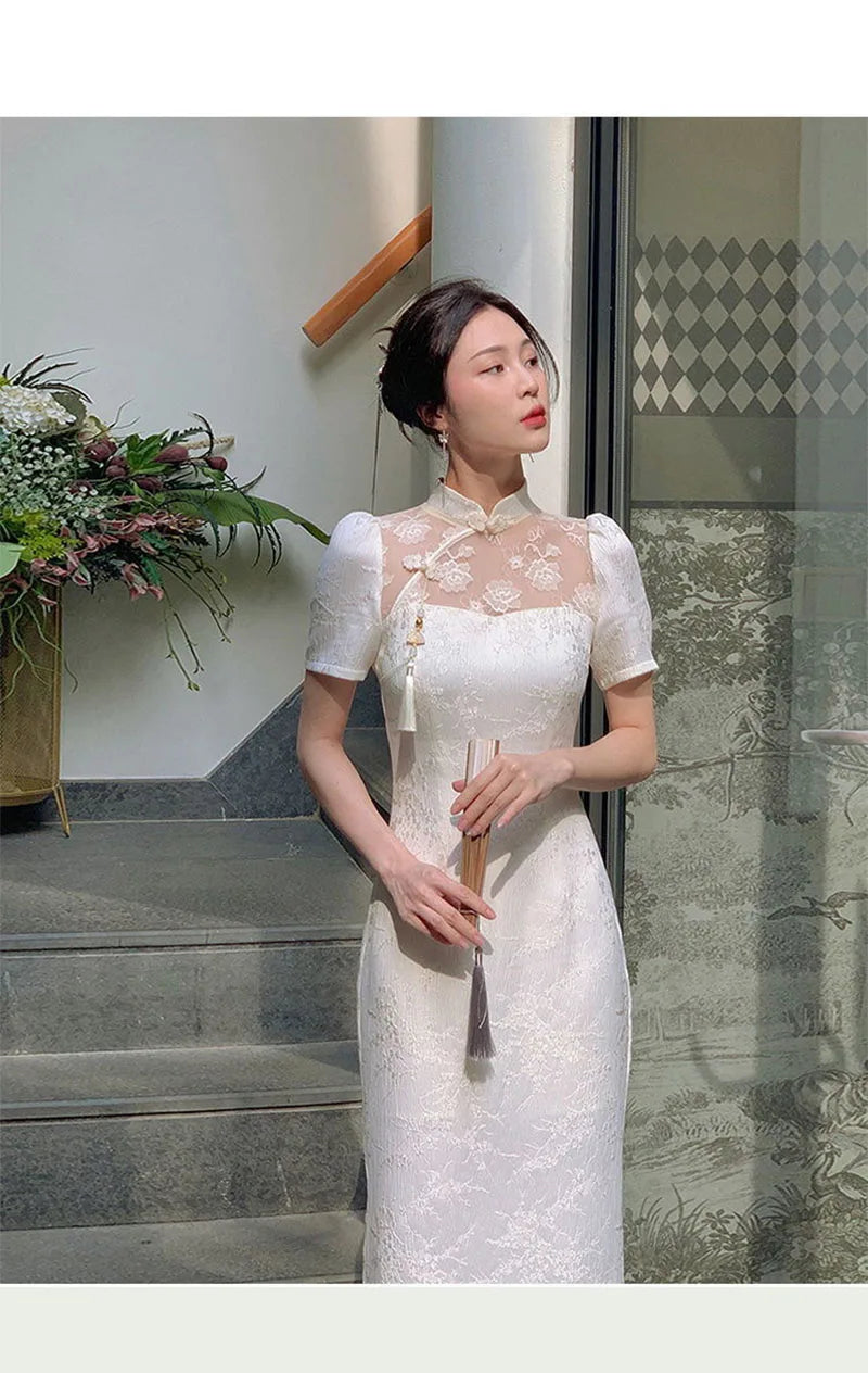 Women Beige Long Cheongsam Lace Transparent Floral Vintage Dress Wedding Costumes Traditional Short Qipao S To XXL - Seprincess