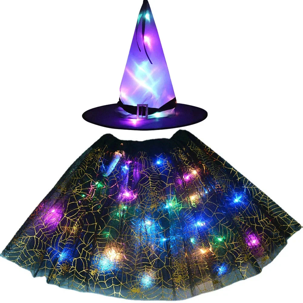 Women Kids Girl Luminous LED Glow Light Up Elf Witch Hat Star Skirt Spider Web Tutu Wizard Costume Party Gift Halloween Festival - Seprincess