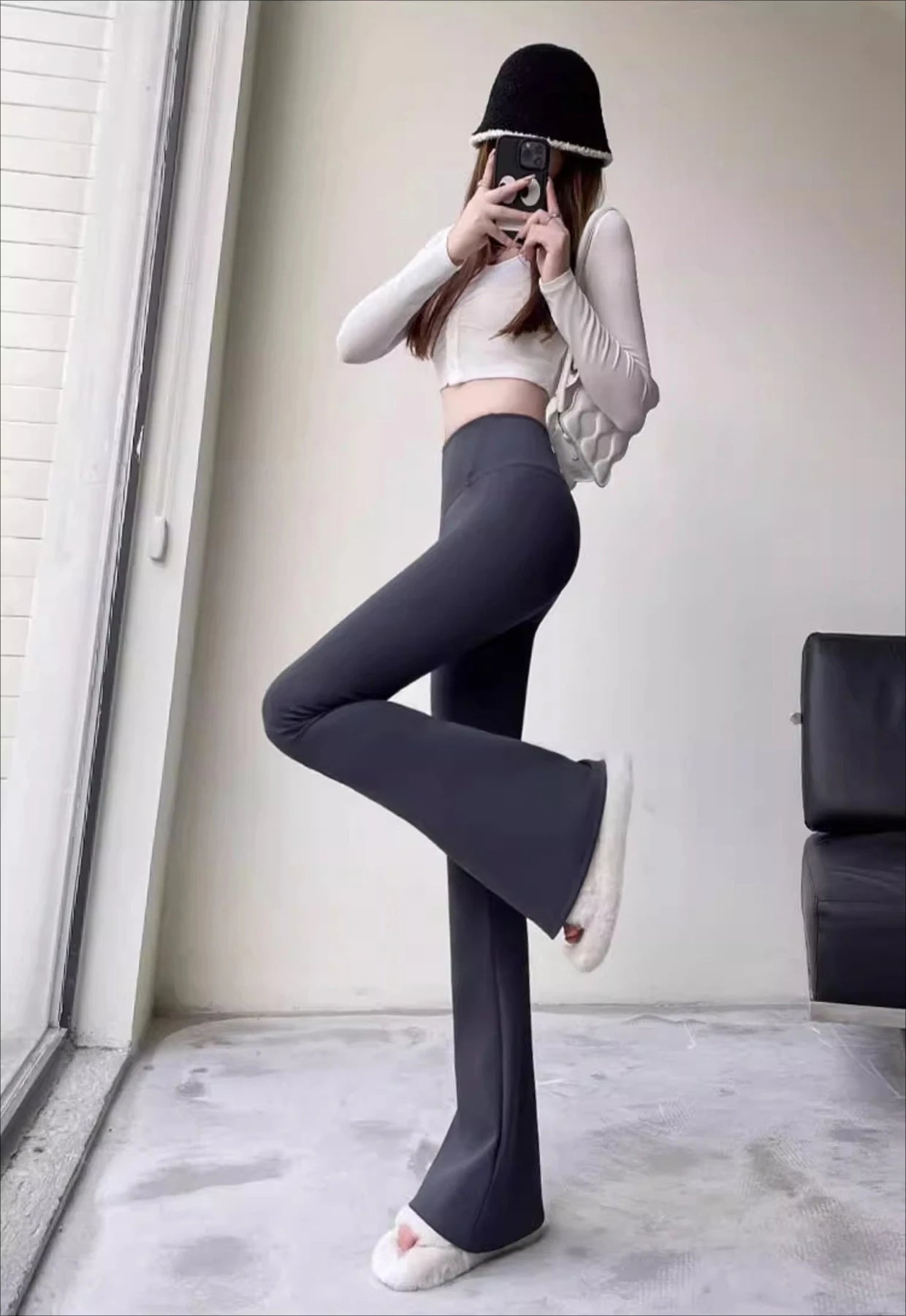 2024 New Autumn and Winter Shark Flared Pants Women's Wear High Waist Skinny Elastic Yoga Fleece Leggings