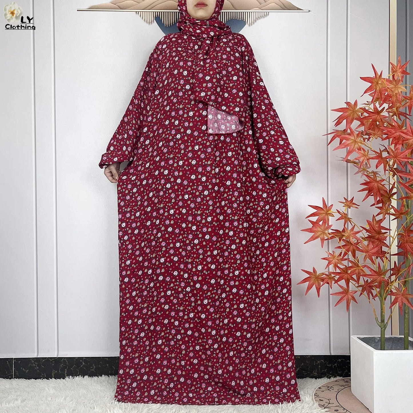 2024Latest Muslim Abayas For Women Ramadan Prayer Maxi Dubai Turkey Femme Cotton Robe Floral Loose African Dress Turban Attached - Seprincess