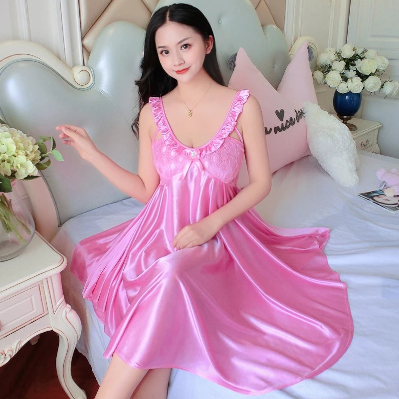 Thin Silk Lady Charming Sleepwear Night Dress Women Sexy Soft Lingerie Spaghetti Strap Home Wear Honeymoon Bride Wedding Nighty - Seprincess