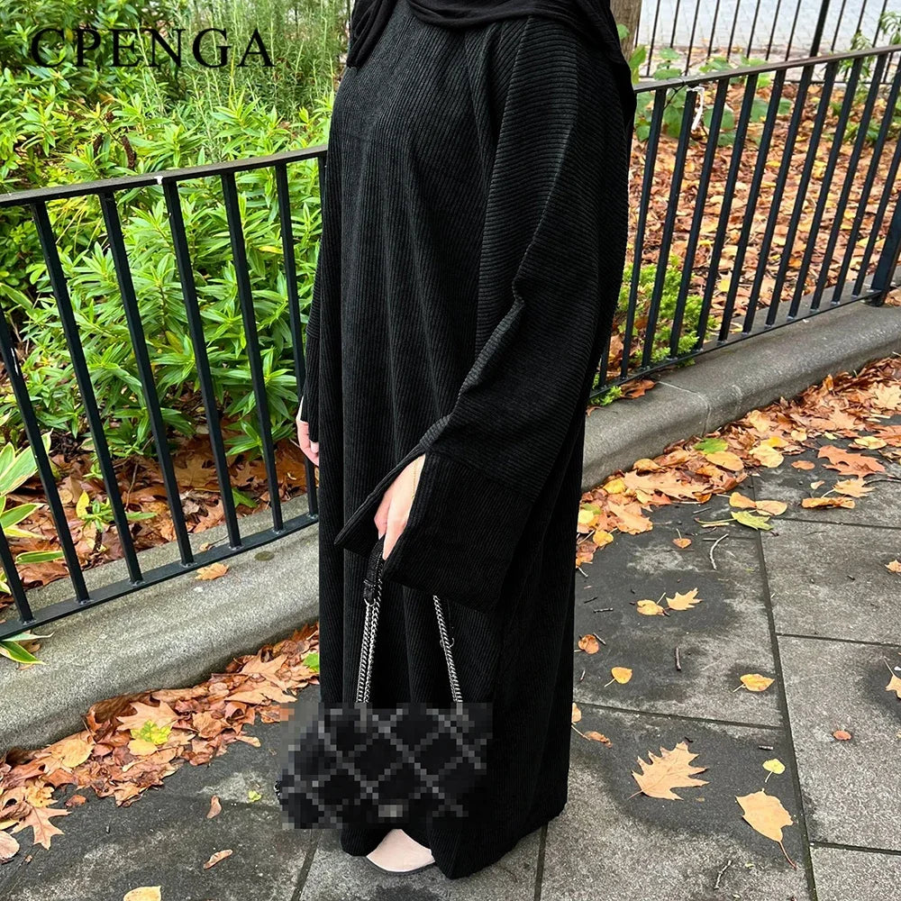 Warm Winter Abayas Muslim Women Corduroy Abaya 2023 New Modest Dress Thicked Solid Color Long Robe Female Islam Clothing - Seprincess