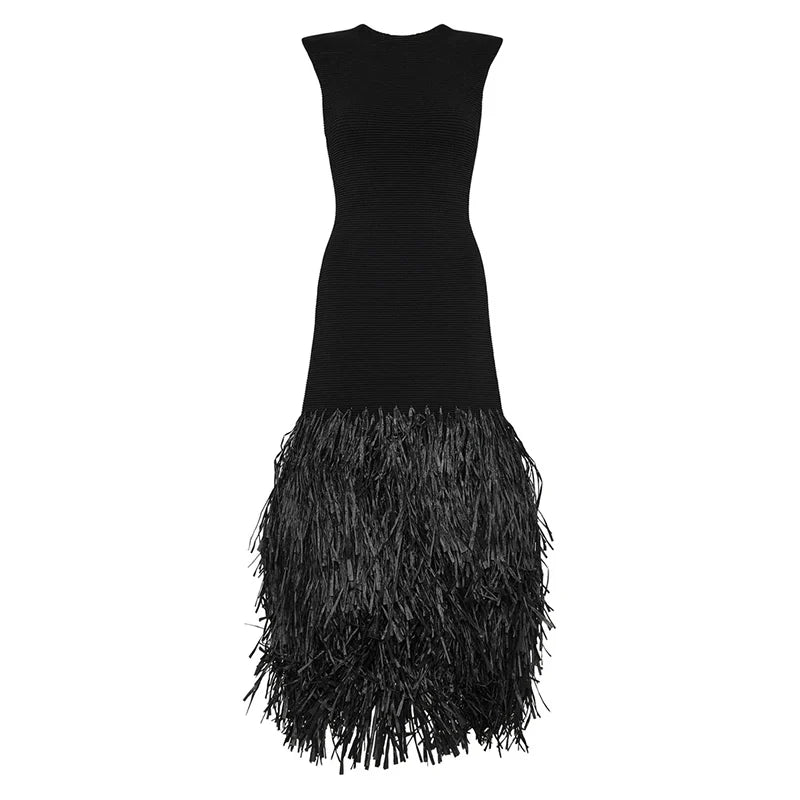 Women Chic Spliced Tassels Hem Knitted Long Dress Sexy Backless Sleeveless Shoulder Pad Robe Fashion Summer Lady Party Vestido ? - Seprincess