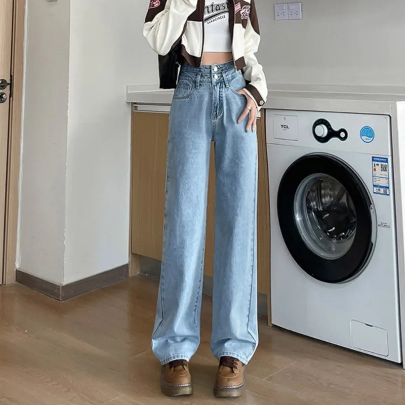 Fashion Denim Jeans Women Casual Autumn Spring Button Design Pants Loose Straight Brand High Quality New Arrivals Trousers