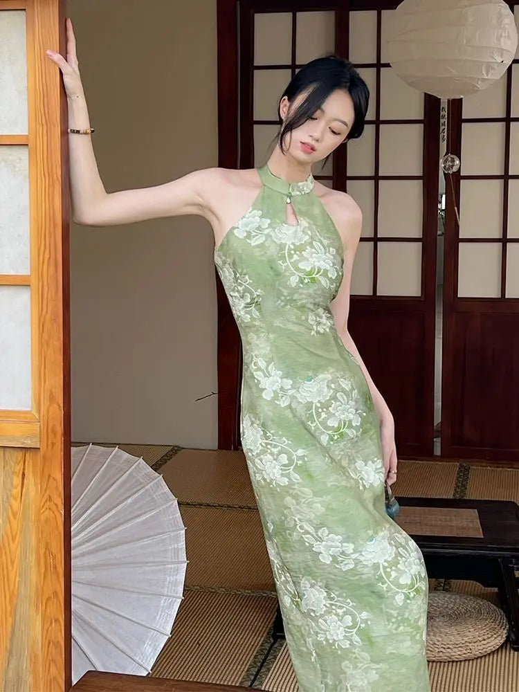 2024 New Improved Cheongsam Qipao Daily Summer Youth Style Elegant New Chinese Green Hanging Neck Evening Wedding Dress for Wome - Seprincess