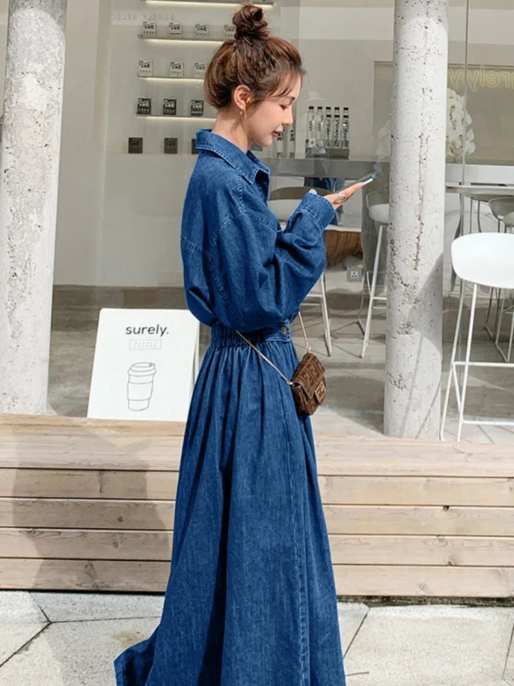 Cowboy Long Skirt Fashionable Trend Long Ankle Thin A-line Dress High Waisted Stylish Slimming Long Sleeved Casual Button Skirt - Seprincess