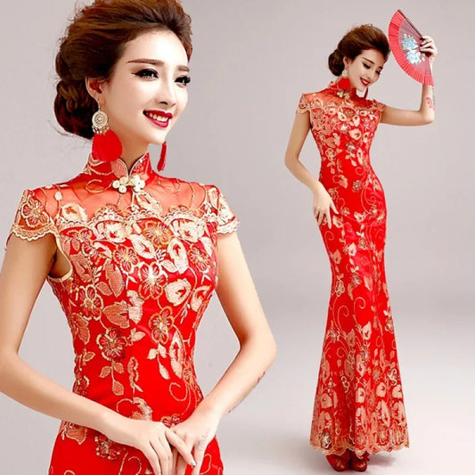 Red Chinese Wedding Dress Female Long Short Sleeve Cheongsam Gold Slim Chinese Traditional Dress Women Qipao for Wedding Party - Seprincess