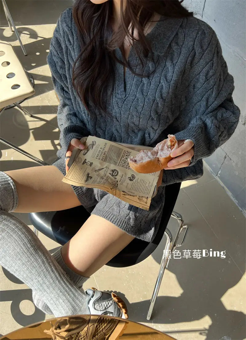 Korean Style Premium Knited Sweater Loose Casual Polo Neck Pullover Women Top Shorts Autumn WinterTwo Piece Set Women Outfits - Seprincess