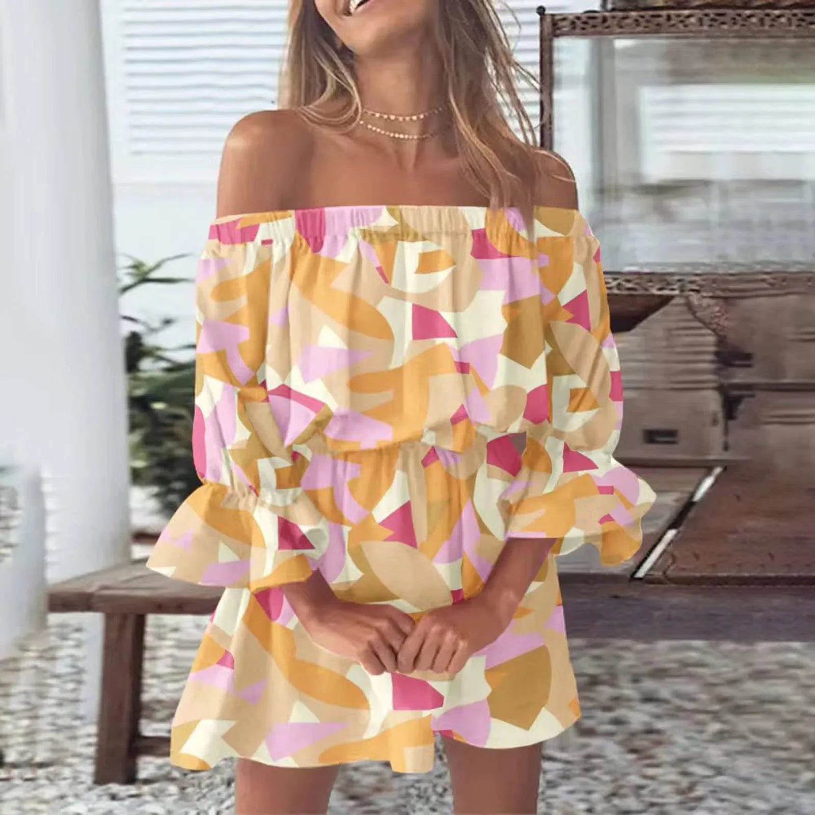 Boho Dresses for Women 2023 Summer Sexy Off Shoulder Floral Print Flare Sleeve Tunic Dress Women Casual Mini Sundress Vestido - Seprincess