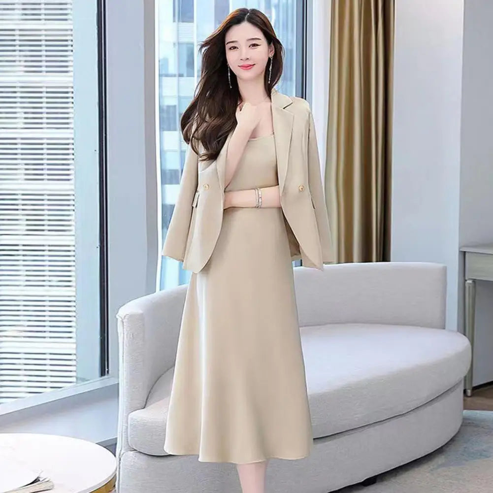 2Pcs Women Outfit Commute Trendy Office Lady Dress Coat Set Elegant Sling Style Coat Long Dress Suit Lady Business Skirt Suit - Seprincess