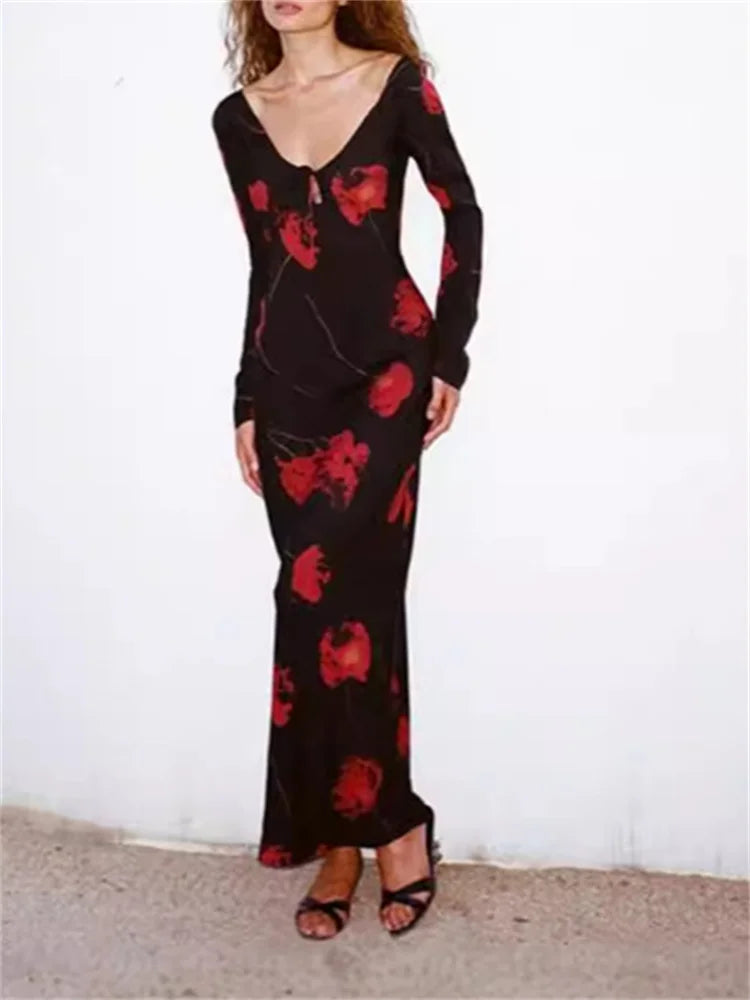 Women Floral Print Long Sleeve Midi Dress Lace-Up Collar Slim Fit Ladies Elegant Holiday Long Robe for 2024 Early Autumn - Seprincess