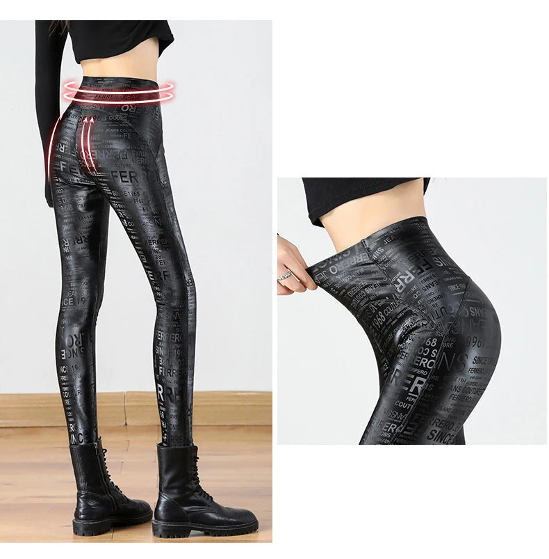 Autumn Winter Women Fleece Matte Leather Leggings High Quality Sheepskin High Waist Elastic PU Leather Pants Slim Sexy Leggings