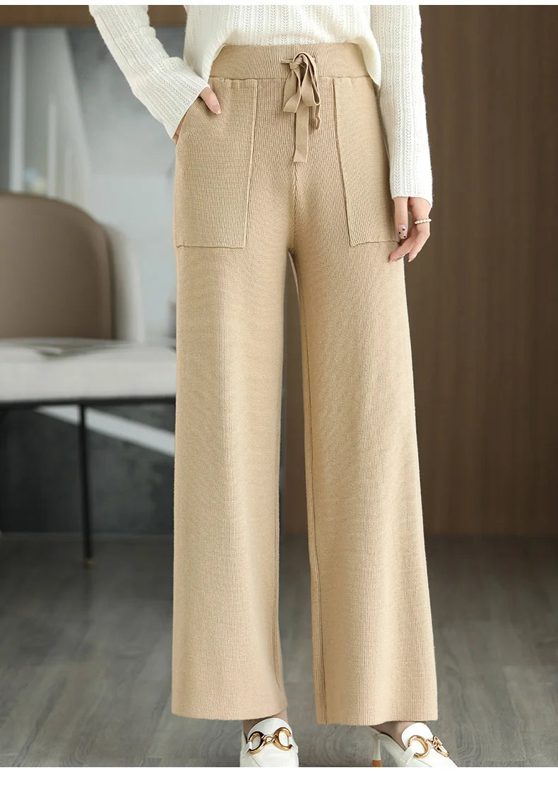 Women's Merino Wool Knitted Pants Office Lady Simple High Waist Straights Trousers Cashmere Wool Autumn Winter Thick Knitwear