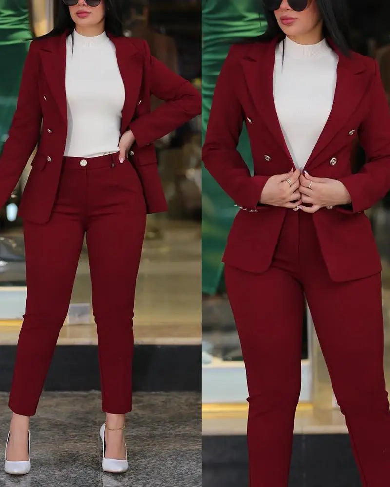 Casual Long Sleeve Suit Jacket Pants Set Office Lady Spring Autumn Elegant Solid Blouse Trousers Two Piece Set Women Outfit 2023 - Seprincess