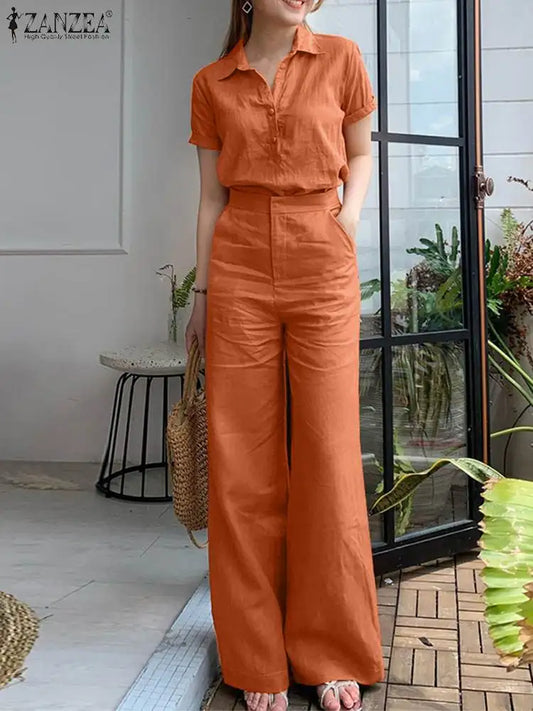 ZANZEA Summer Women Matching Sets OL Work Outfits Causal Short Sleeve Shirt Loose Wide Leg Pants Fashion Suit Urban Tracksuits - Seprincess