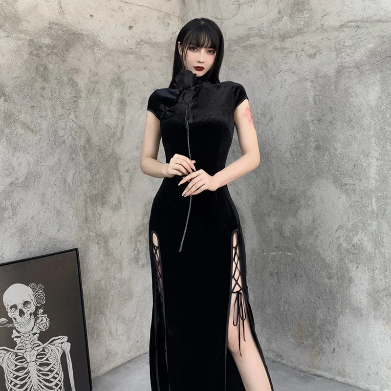 2024 Vintage Black Bandage Chinese Style Cheongsam High Split Velvet Dress Spring Retro Long Qipao Gothic Women Aesthetic Dress - Seprincess