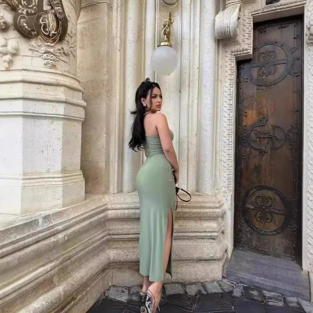 Green Dress Women Fashion Sexy Split Sleeveless Backless Slim Maxi Dress Female Casual Club Elegant Lady Evening Party Dresses - Seprincess