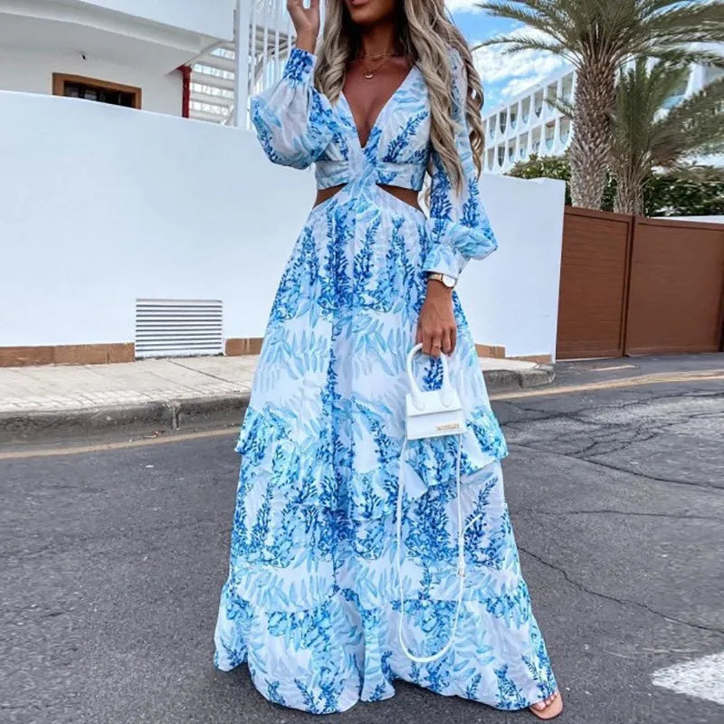 Spring New Long Dress Fashion Print Sexy Deep V-neck Long Sleeved Dress Women's Elegant Hollow Out Ruffle Spliced Maxi Dress - Seprincess