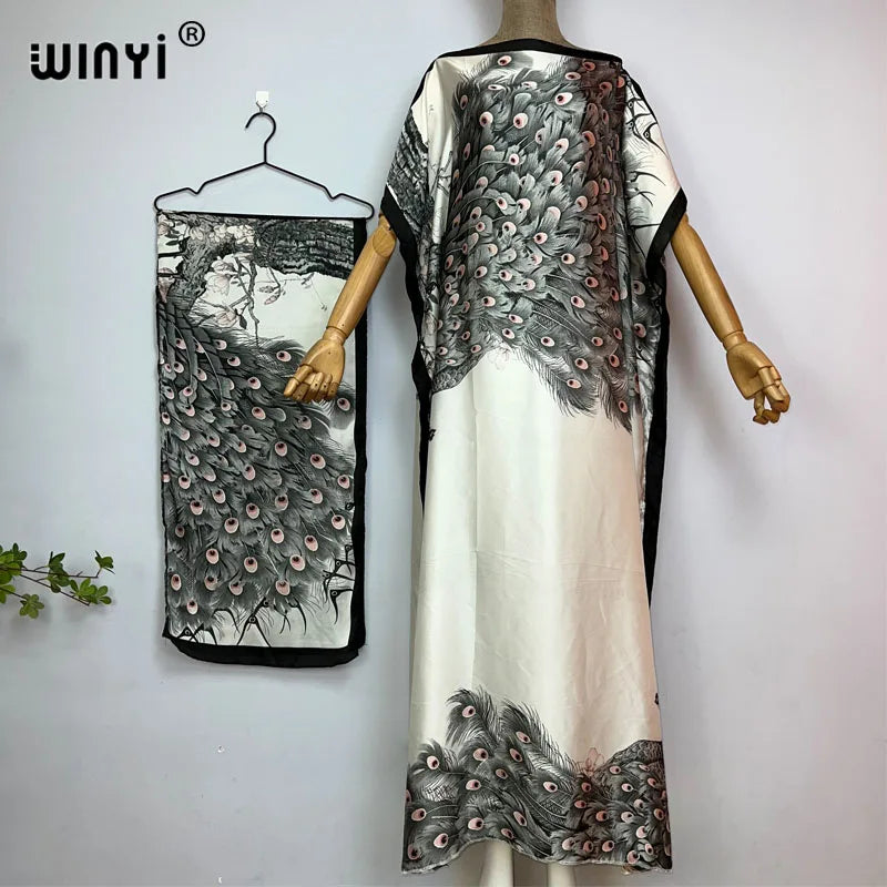 WINYI Africa summer kaftan with belt Women Classic peacock print Caftan Elegant Holiday summer Maxi silk Bohemian party dress - Seprincess