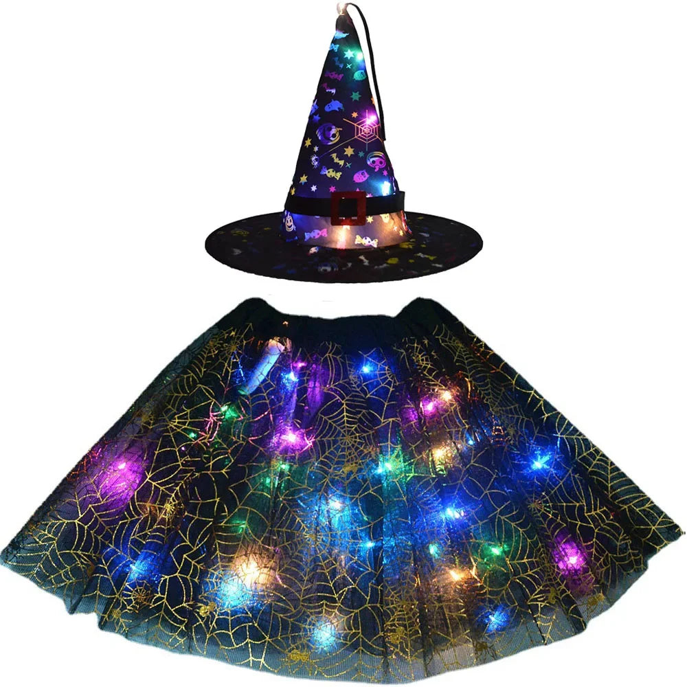 Women Kids Girl Luminous LED Glow Light Up Elf Witch Hat Star Skirt Spider Web Tutu Wizard Costume Party Gift Halloween Festival - Seprincess