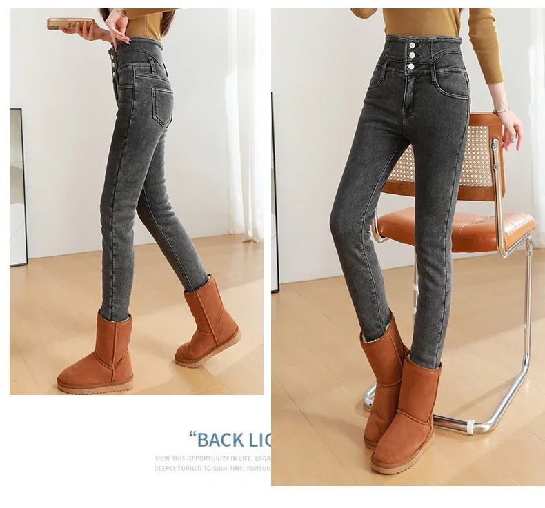 Black Fleece Warm Women Winter Jeans Thickened High Waist Multi-button Skinny Stretch Denim Pants Fashion Korean Female Trousers