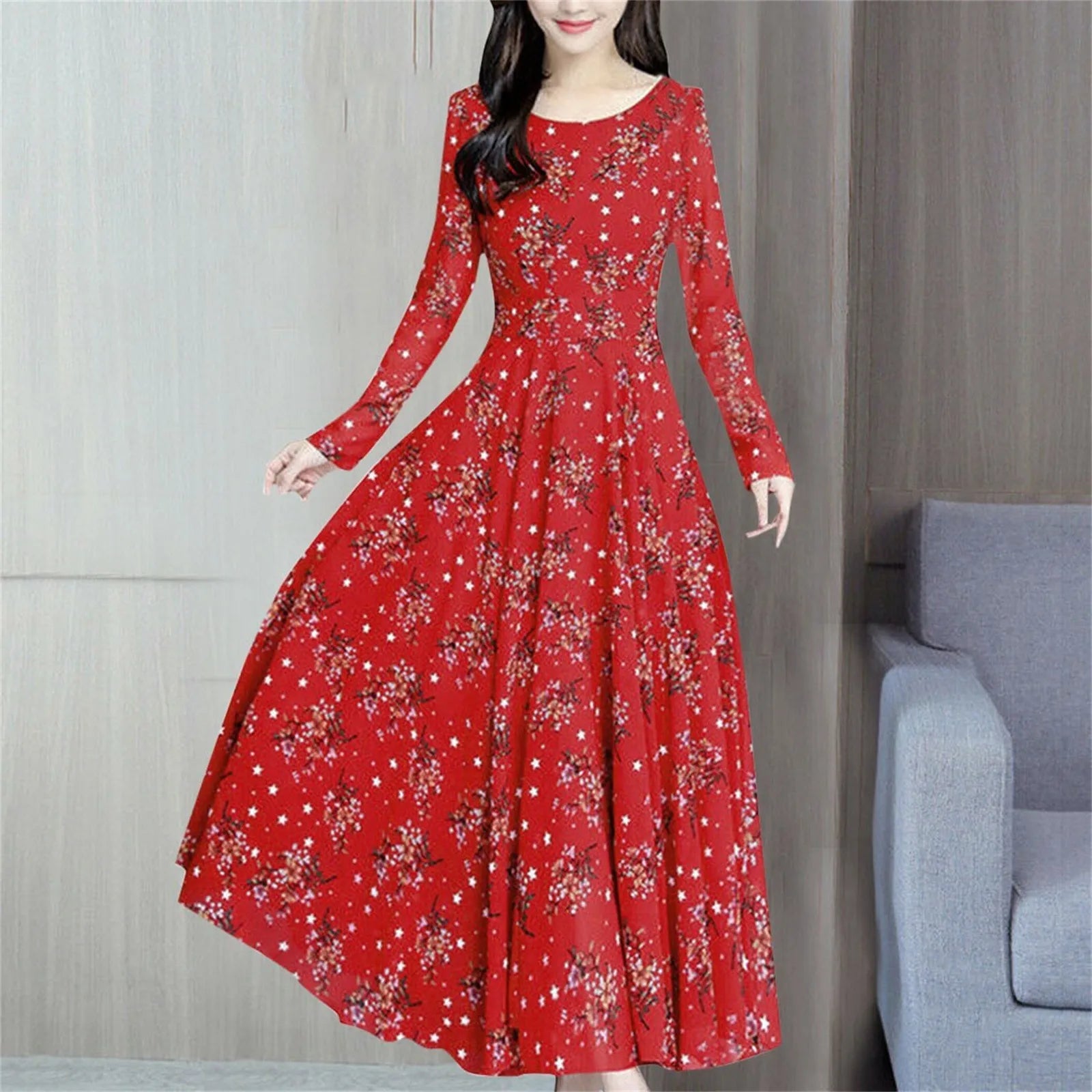 2024 Women's Casual Dress Elegant Female Loose Midi Dress Long Sleeve Floral Print Summer O Neck Dress 2024 Bohemia Clothing - Seprincess