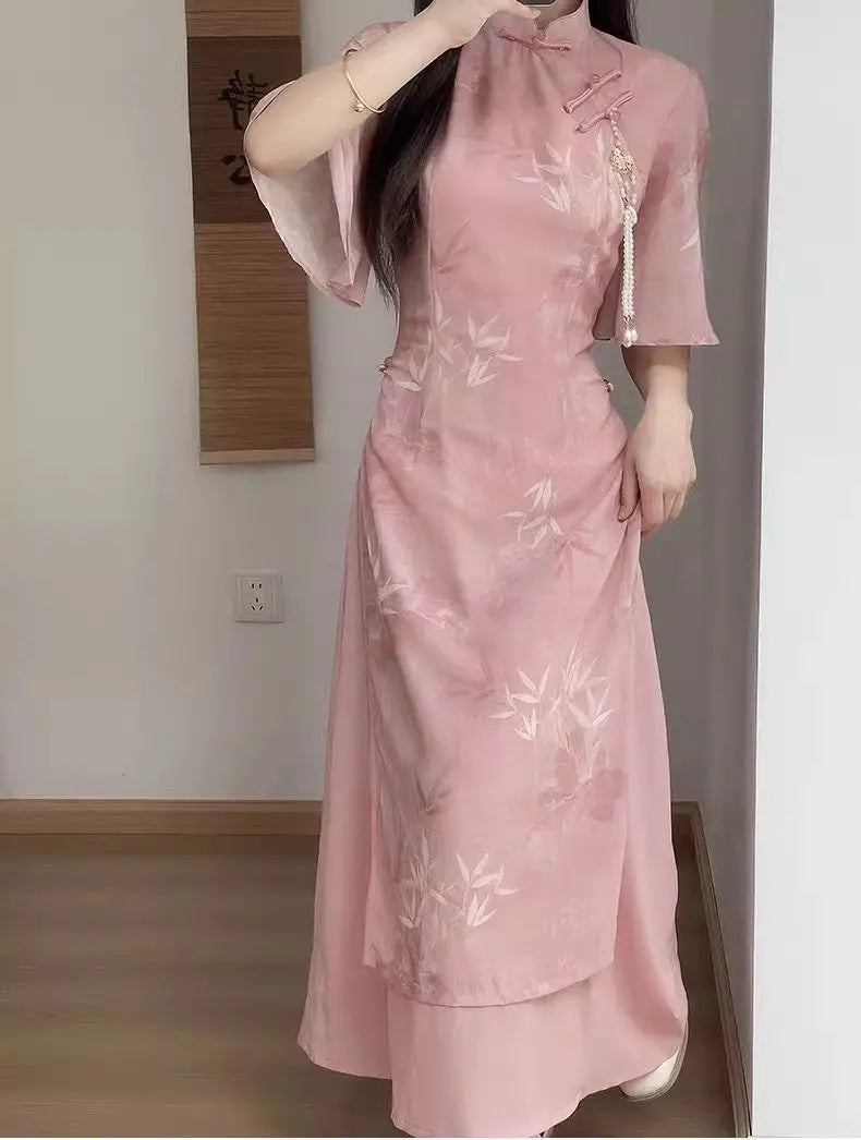 New Chinese Style Pink Qipao Dress 2024 Vintage Cheongsam Young Oriental Lady Evening Dress Summer Daily Vestido - Seprincess