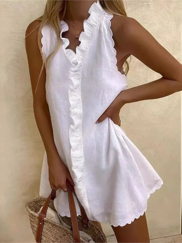 New Women Casual Cotton And Linen White Dress Summer V Neck Ruffles Sleeveless Elegant Boho Beach Party Mini Dresses Female Robe - Seprincess