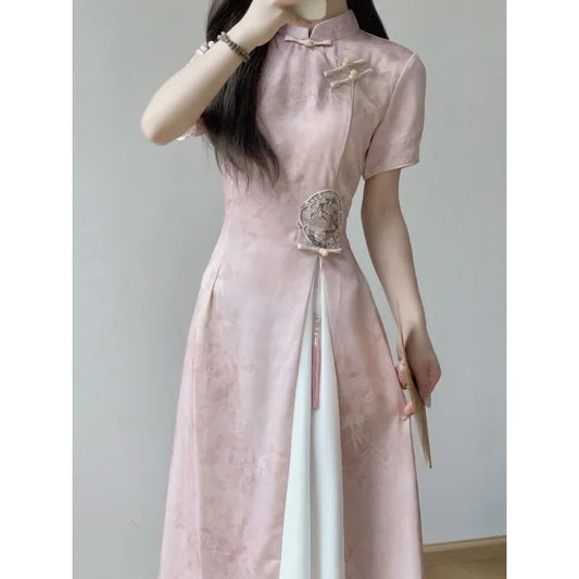 Elegant Pink Stand Collar Short Sleeve Ao Dai Vietnamese Dress for Women Chinese Style Printed Cheongsam Dresses Qipao XL 2XL - Seprincess