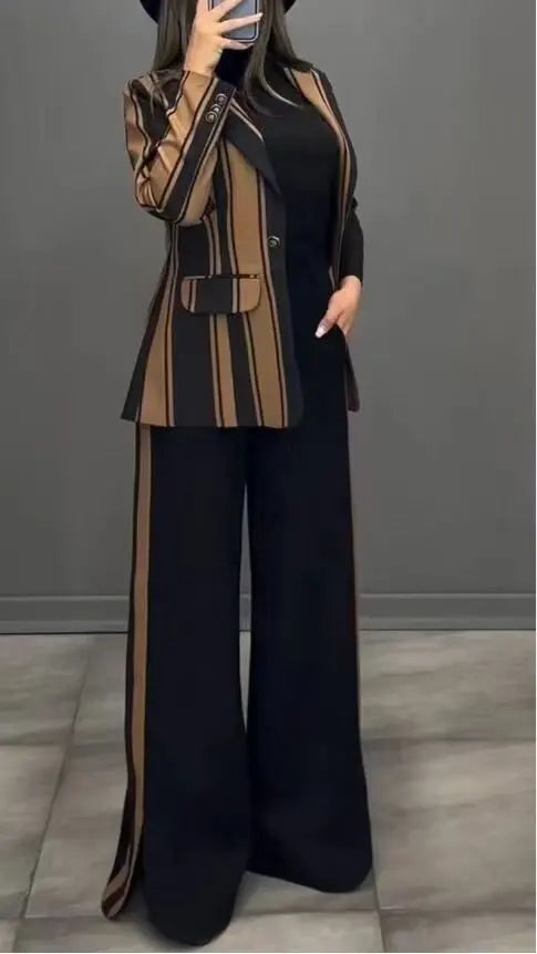 Women Striped Print Suits+pants Two Piece Sets Autumn Winter Casual Wide Leg Pants Sets Office Ladies Elegant Coats Outfits - Seprincess