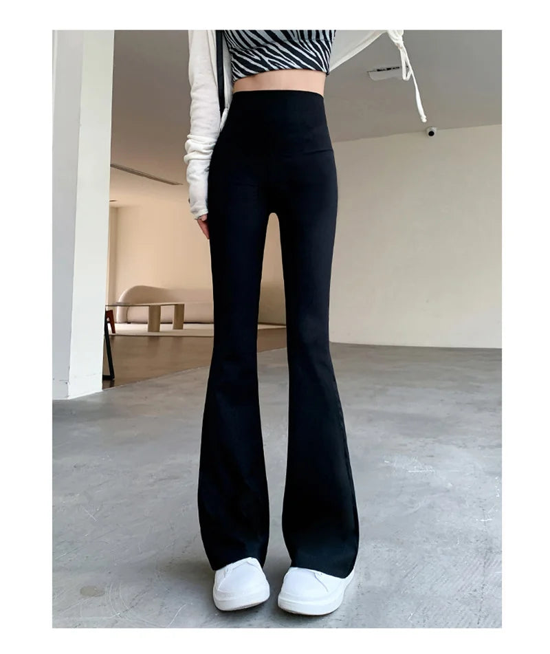 Women High Waist Flare Pants Winter Plush Warm Skinny Slimming Micro Horn Trousers Shark Pant Elegant Office Ladies Tights Y2k