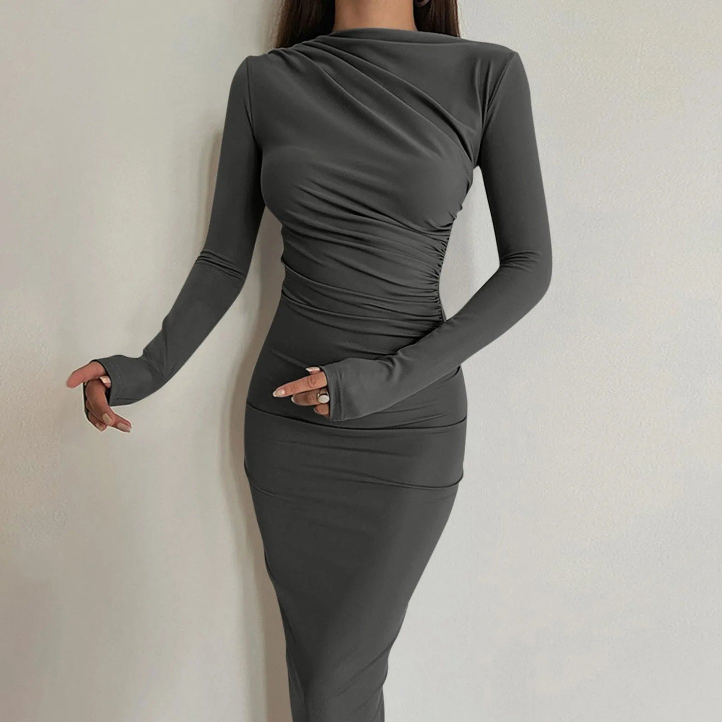 Women Bodycon Maxi Dresses Fall New Long Sleeve Sexy Ruched Neck Slim Fit Cocktail Party Dress Elegant Gentle Temperament Dress - Seprincess