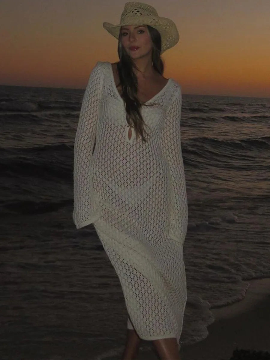 Sexy Women Long Knit Beach Dress Hollow-Out Deep V-Neck Long Sleeve Bikini Cover-Ups Dress Fall Backless Holiday Dress