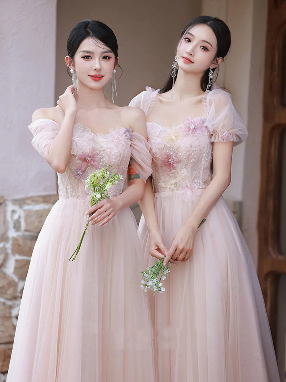 4 Styles Pink Bridesmaid Dress Women's Elegant Thin Tulle Off The Shoulder Flower Appliques A-line Wedding Party Guest Vestido - Seprincess