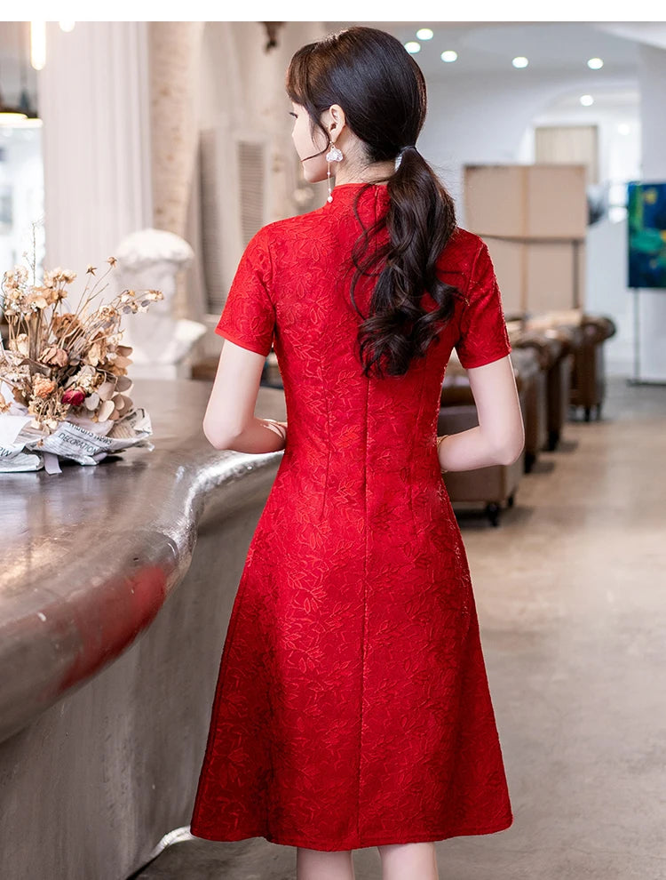 Chinese Traditional Retro Red Modern Improved Cheongsam Summer New Short Sleeve Engagement Qipao Dress - Seprincess