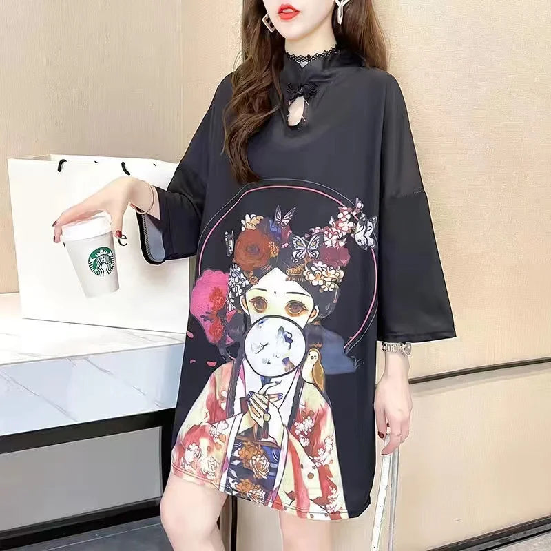 Chinese Fashion Print Dress Women Summer Long Sleeve National Style Cheongsam 2022 Modern Improve Vintage Elegant Loose Qipao - Seprincess