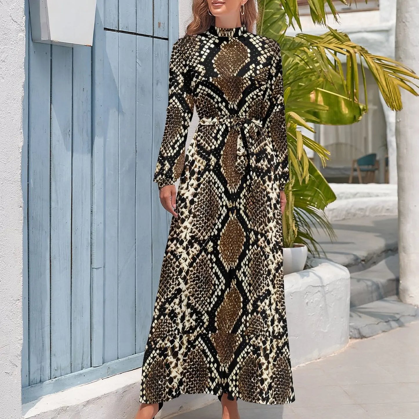 Vintage Snake Skin Print Dress  Kawaii Design Maxi Dress High Waist Long-Sleeve Casual Beach Long Dresses - Seprincess